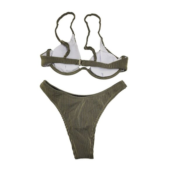 Striped Olive Green Womens Swimsuit Bikini Set Padded Top High-Cut Bottoms SZ M - Picture 2 of 5